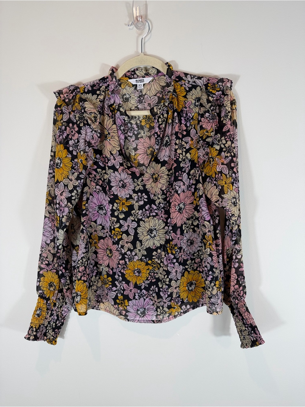 Steve Madden Floral V-Neck Ruffle Shoulder Blouse - Black/Pink/Yellow XS